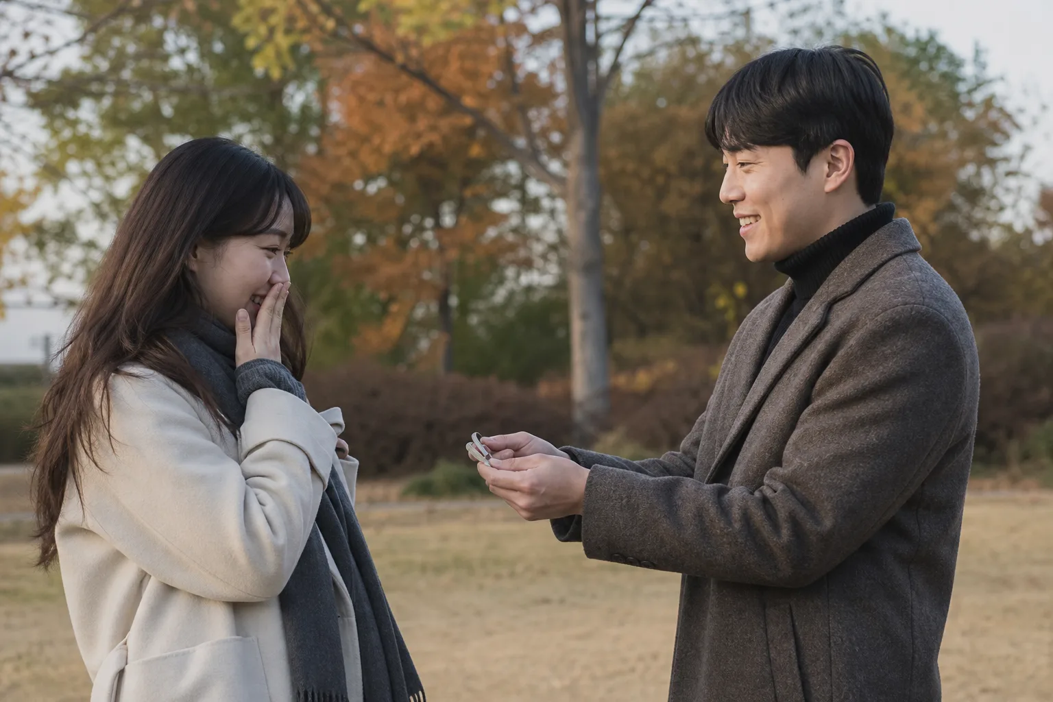 공원에서 상대가 필요하다고 기억해 둔 작은 물건을 건네는 연인의 모습