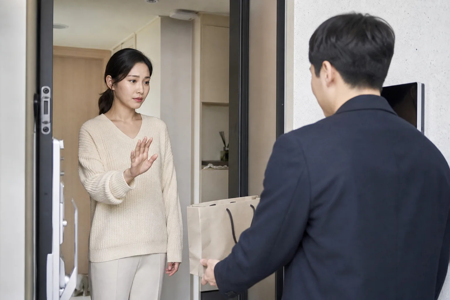 현관에서 큰 선물 가방을 바로 받지 않고 부담 여부를 확인하는 연인의 모습