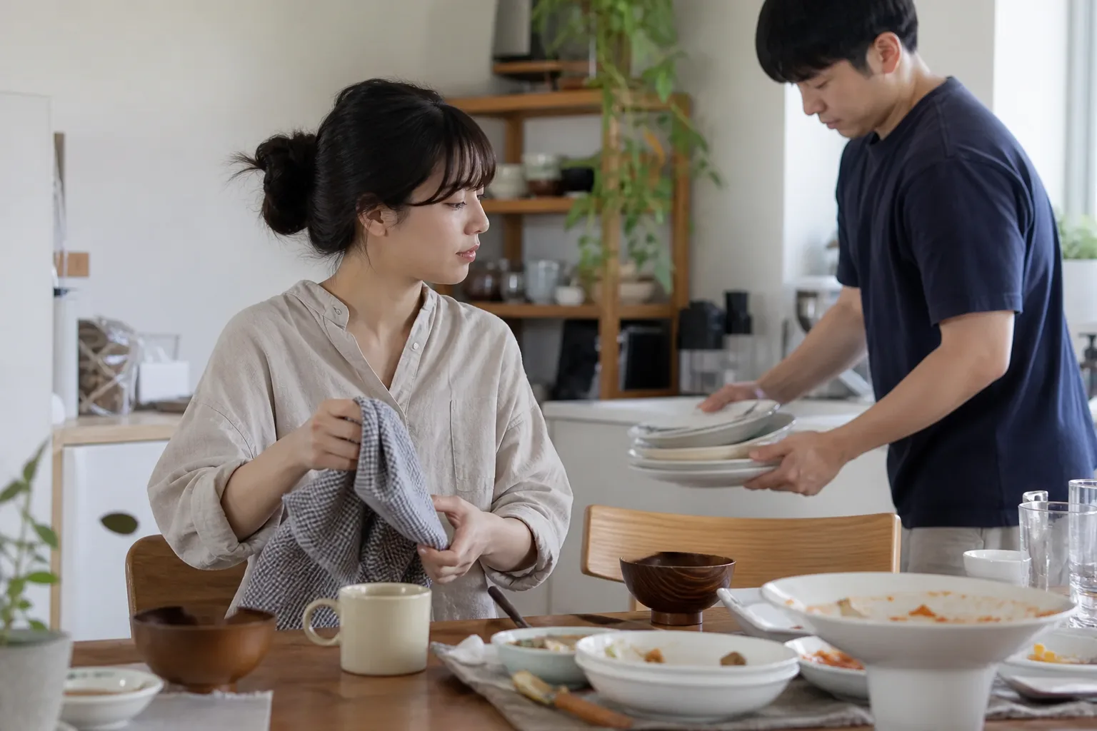 식사 뒤 한 사람에게 집안일을 몰지 않고 각자 정리하는 연인의 모습