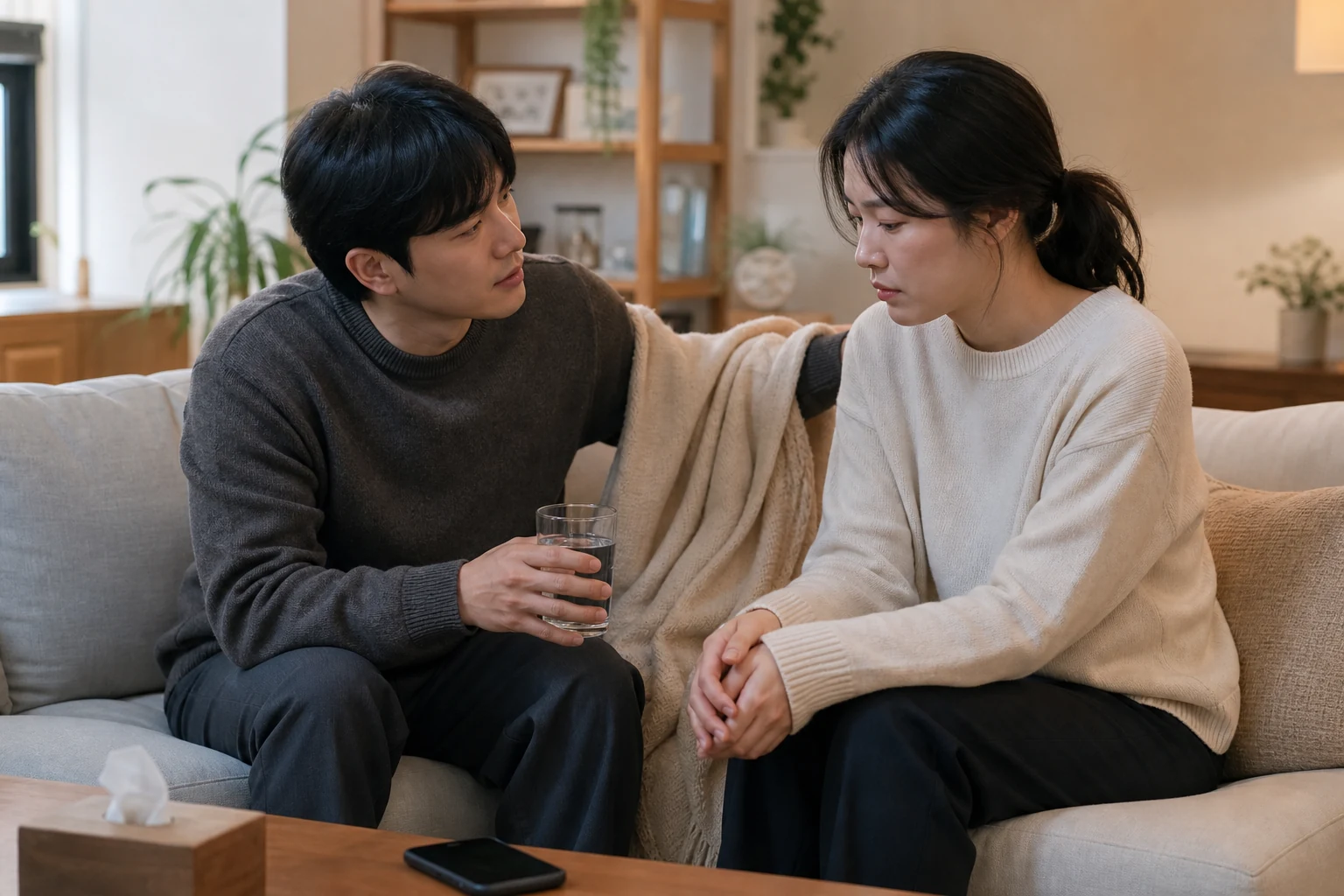 마음을 깊이 나눈 뒤 휴대전화를 치우고 물과 담요를 건네며 서로의 상태를 확인하는 두 사람