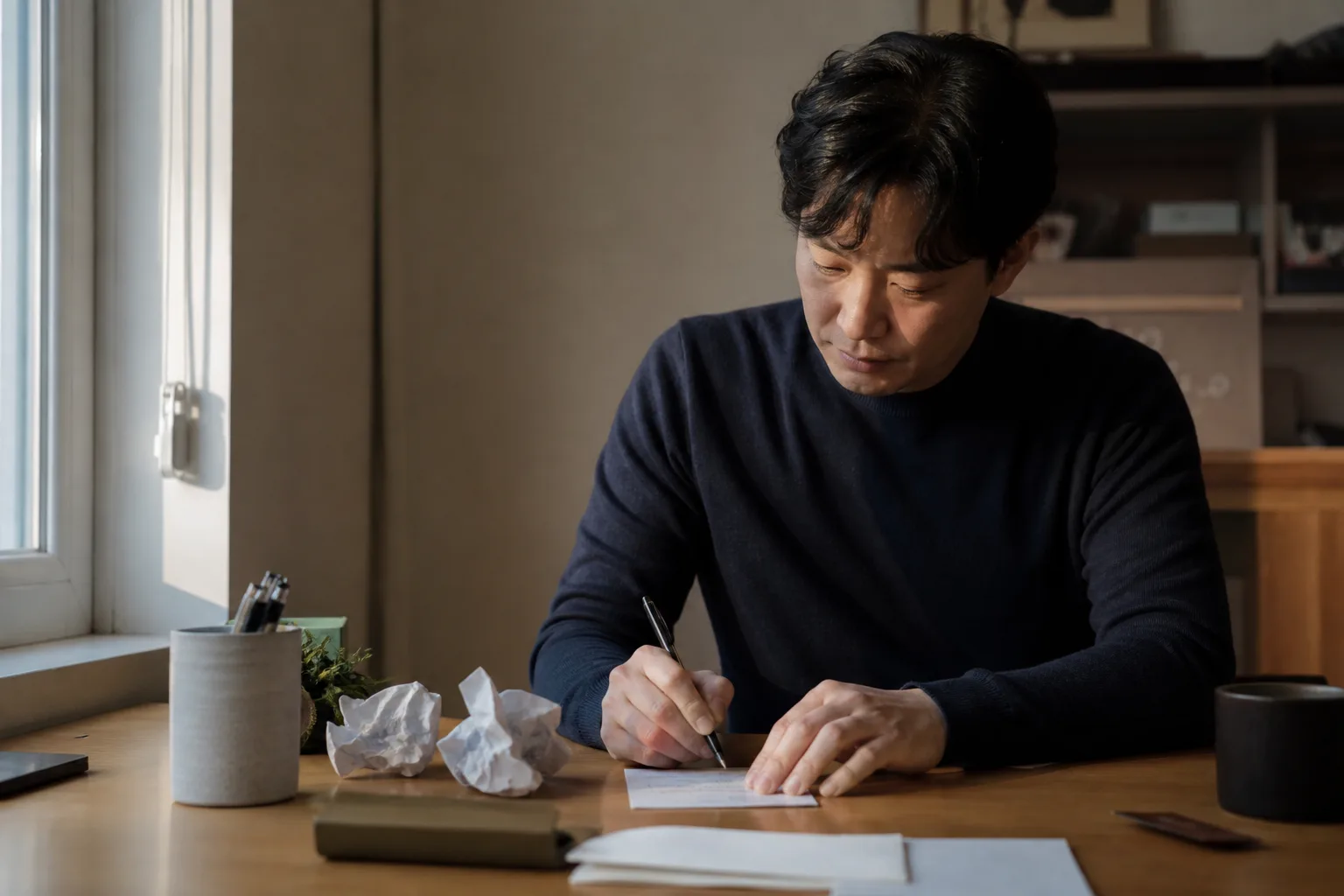 창가 책상에서 구겨진 초안을 치우고 짧은 편지를 다시 쓰는 사람의 모습