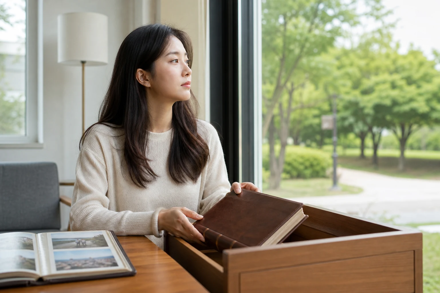 예전 여행 사진을 조용히 덮고 그리움과 다시 돌아갈 결정을 분리하는 사람