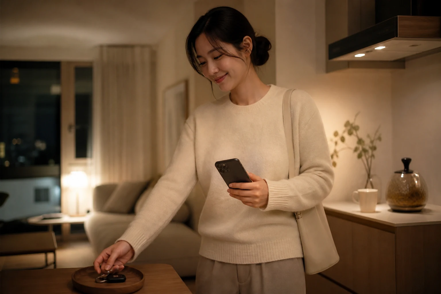 즐거운 데이트 뒤 집에 도착해 짧은 안부 메시지를 보내고 차를 준비하는 사람