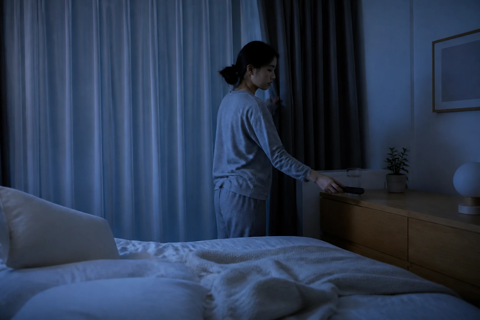 답장을 기다리는 밤 휴대전화를 침대에서 먼 서랍장에 뒤집어 놓고 커튼을 닫는 사람