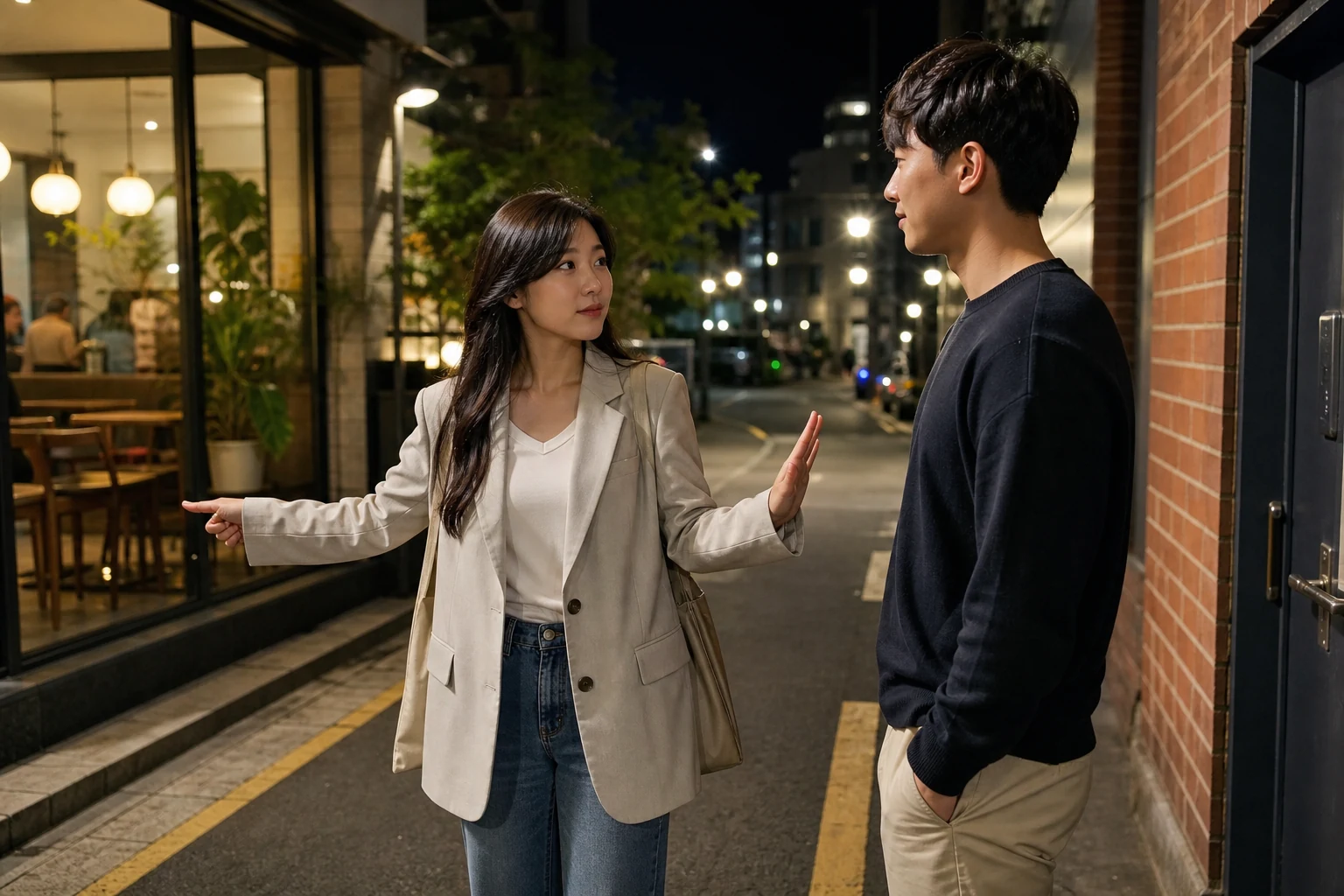 즐거운 저녁 뒤 집으로 가자는 제안을 거절하고 밝은 카페에서 더 이야기하자고 선택하는 두 사람