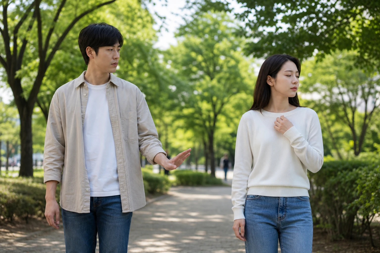 산책 중 몸이 굳는 신호를 알아차려 손을 놓고 한 걸음 거리를 두는 두 사람
