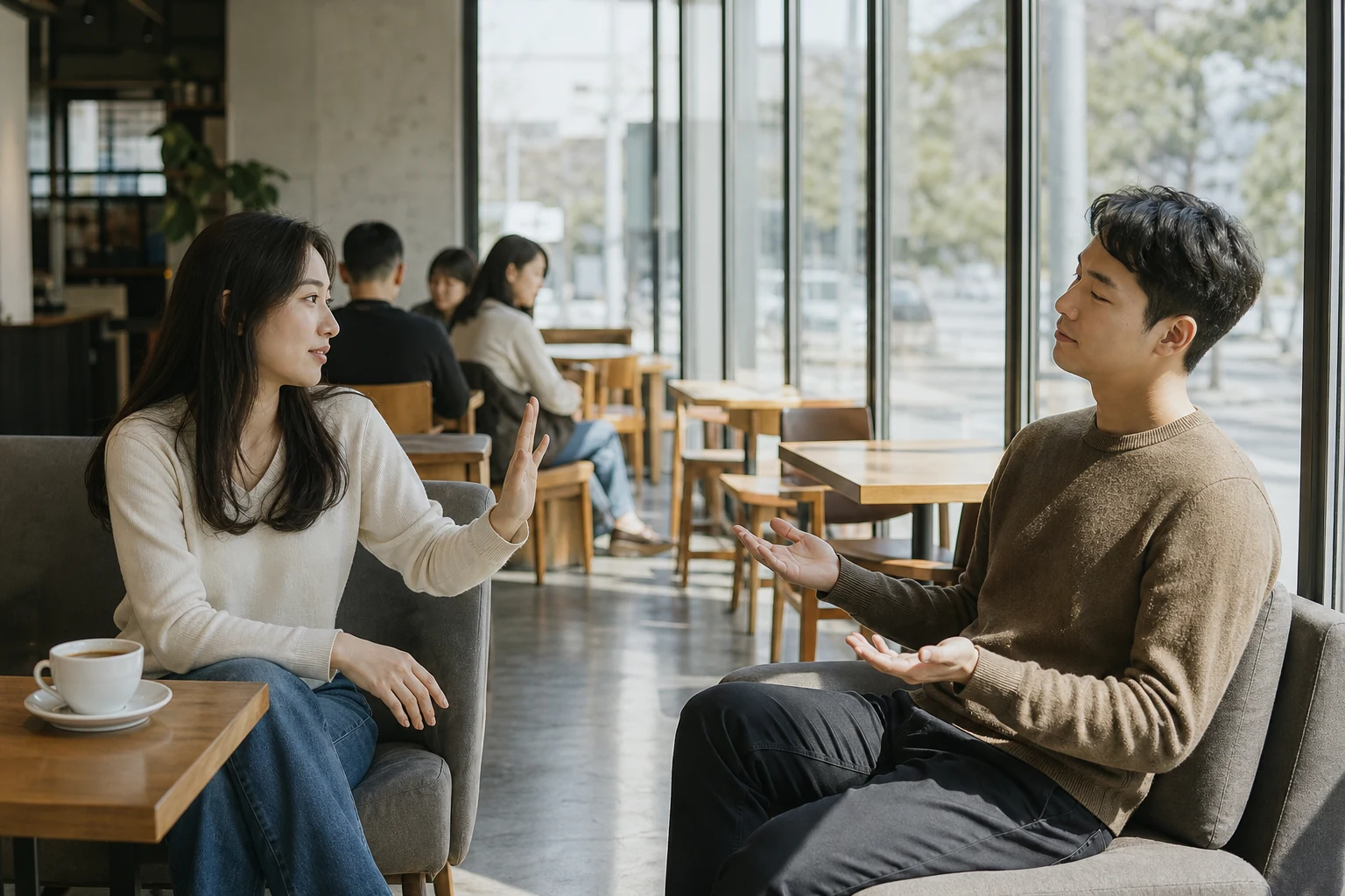 공개된 카페에서 거절 의사를 밝힌 뒤 상대가 물러나 출구를 열어두는지 확인하는 사람