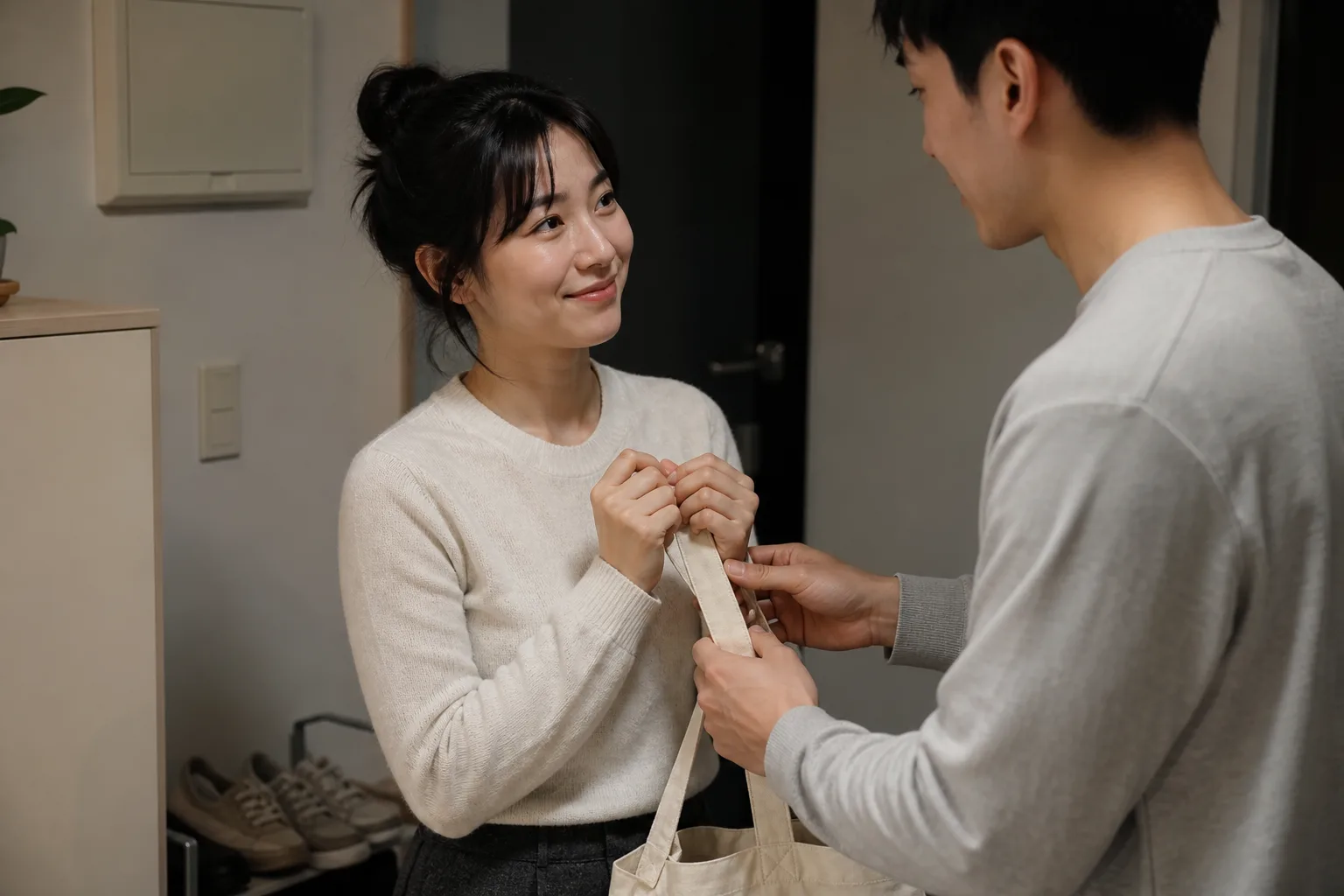 평범한 부탁을 들어준 상대에게 눈을 맞추며 구체적으로 고마움을 말하는 연인의 모습