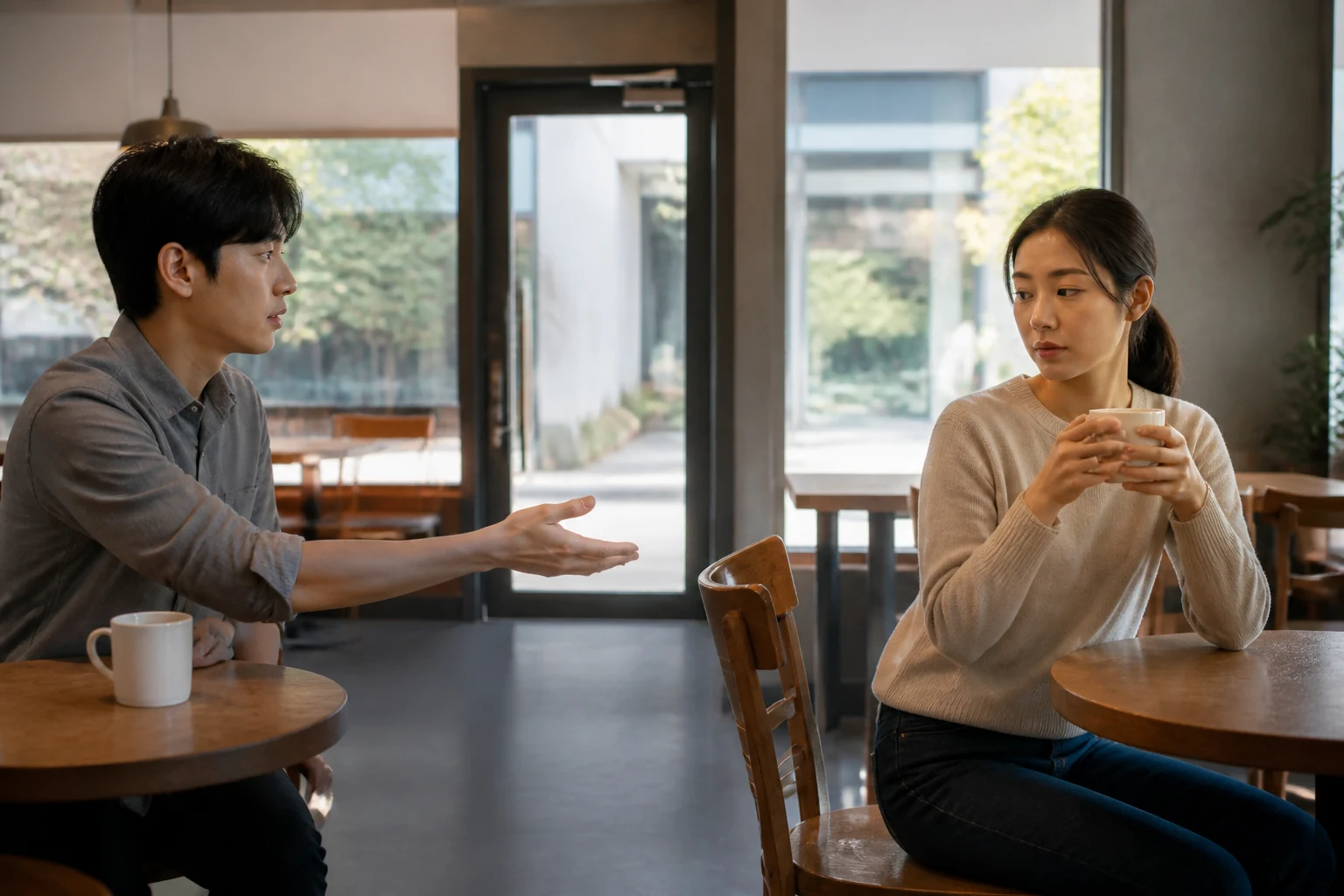 공개된 카페에서 의자를 뒤로 물리고 잔을 쥔 채 성적인 압박을 거절하는 사람