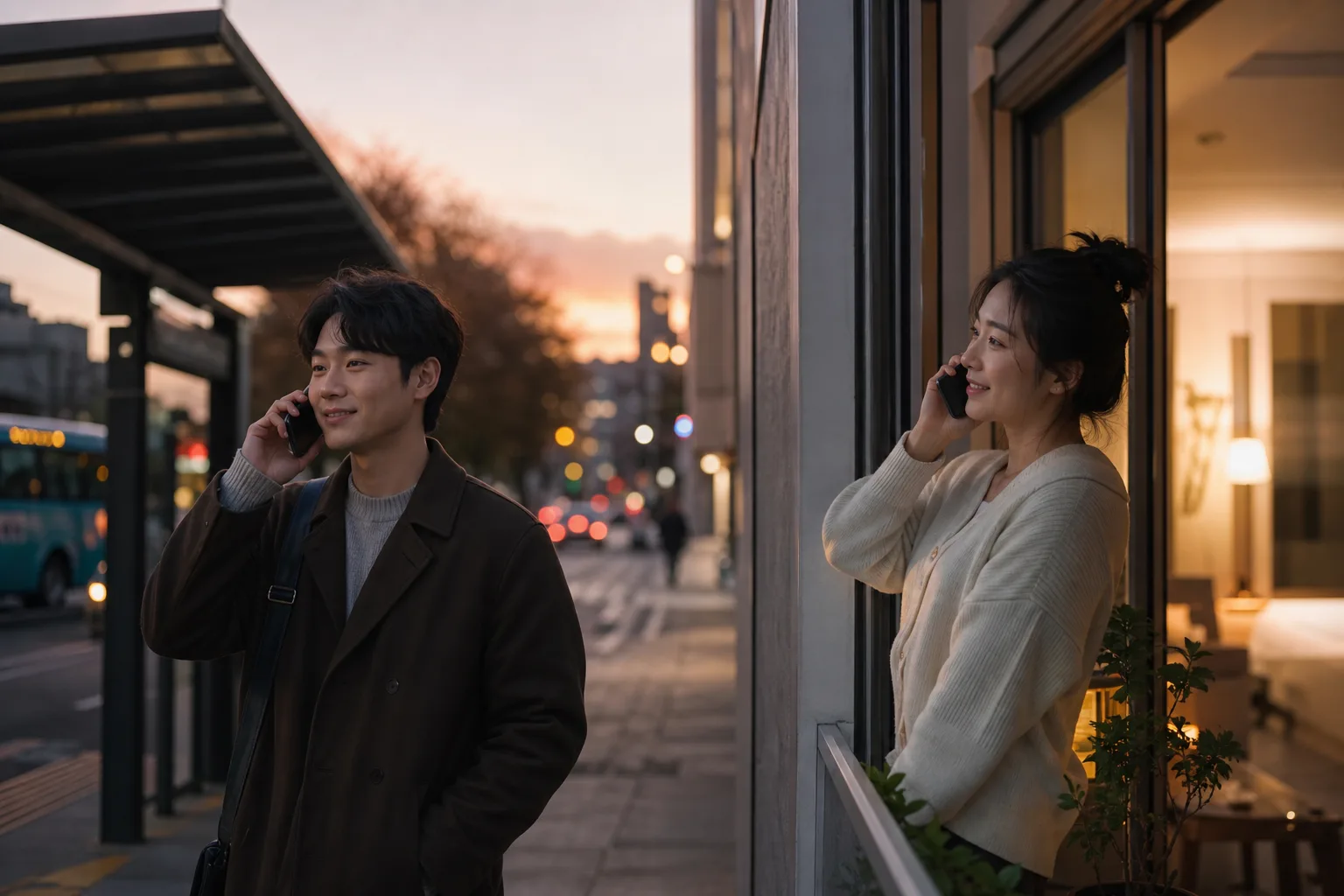 서로 다른 공간에서 짧은 통화로 바쁜 하루의 안부를 나누는 연인의 모습