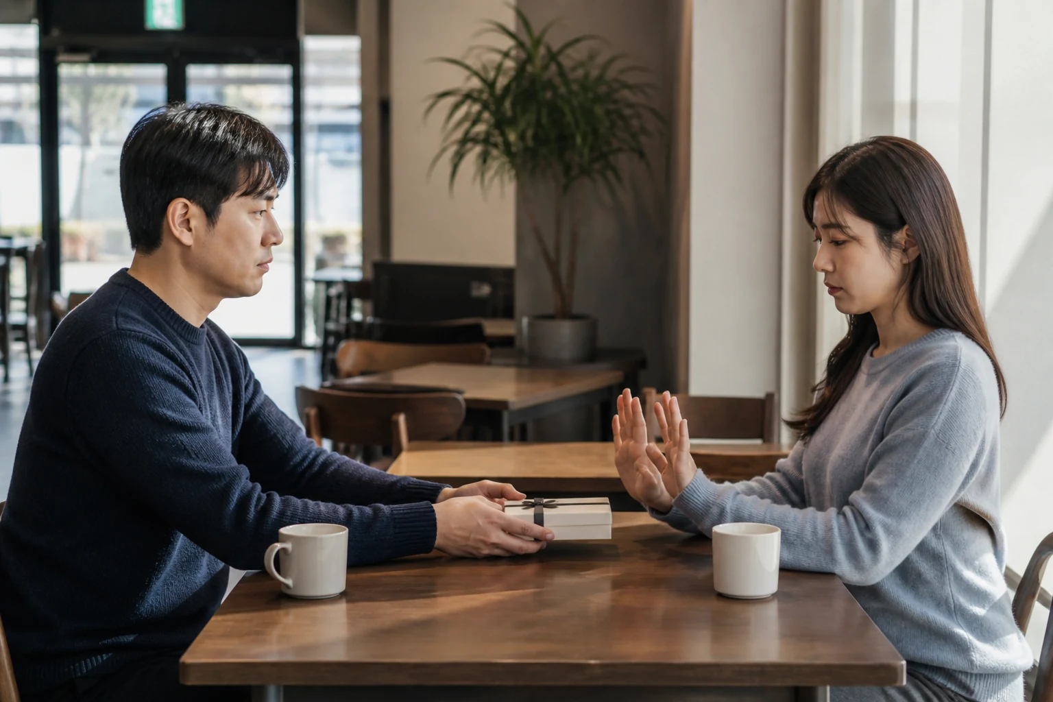 선물 상자를 돌려보내며 데이트나 선물이 스킨십의 대가가 될 수 없다고 선을 긋는 사람