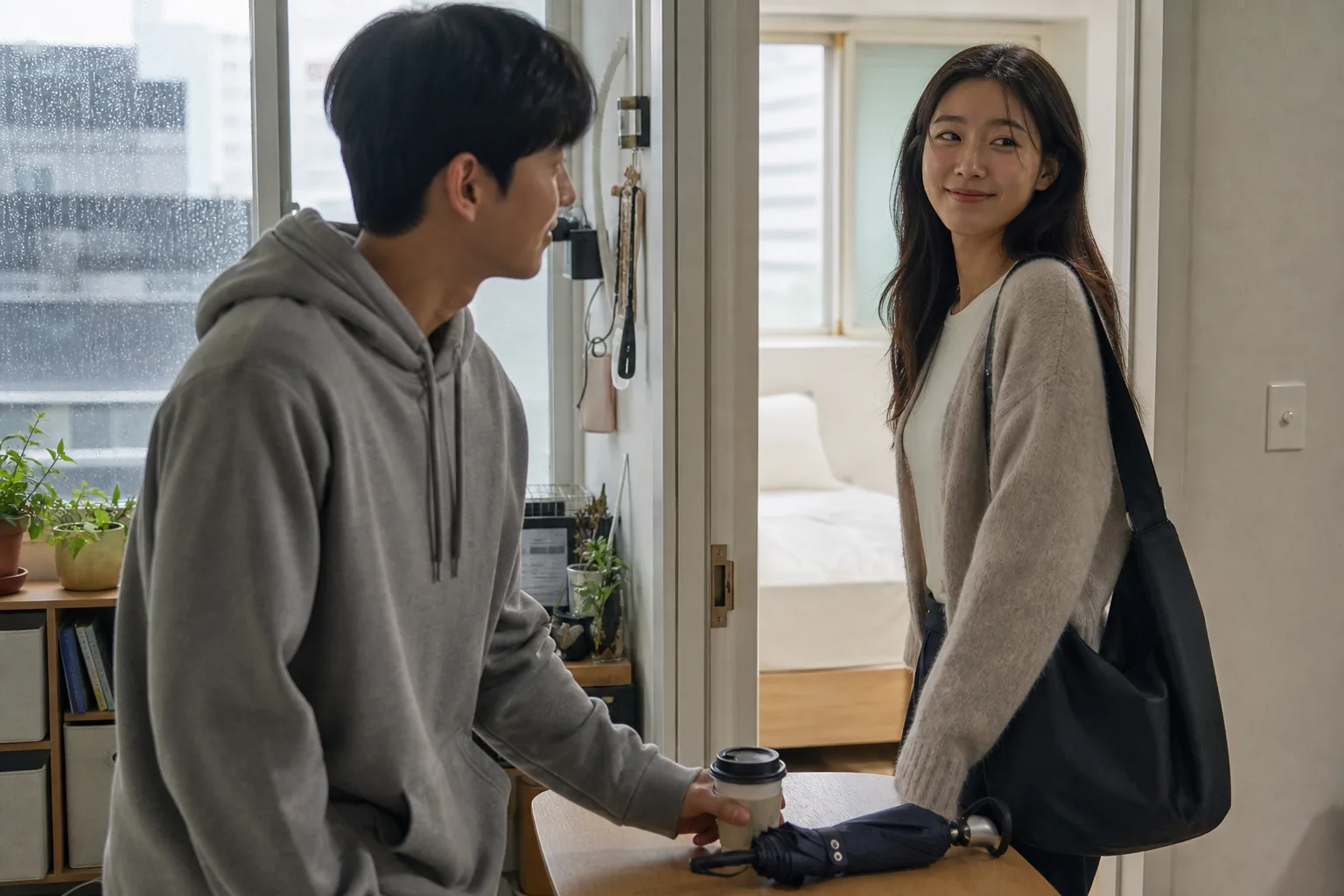 비 오는 아침 따뜻한 음료와 우산을 챙겨 주며 작은 돌봄을 나누는 연인의 모습