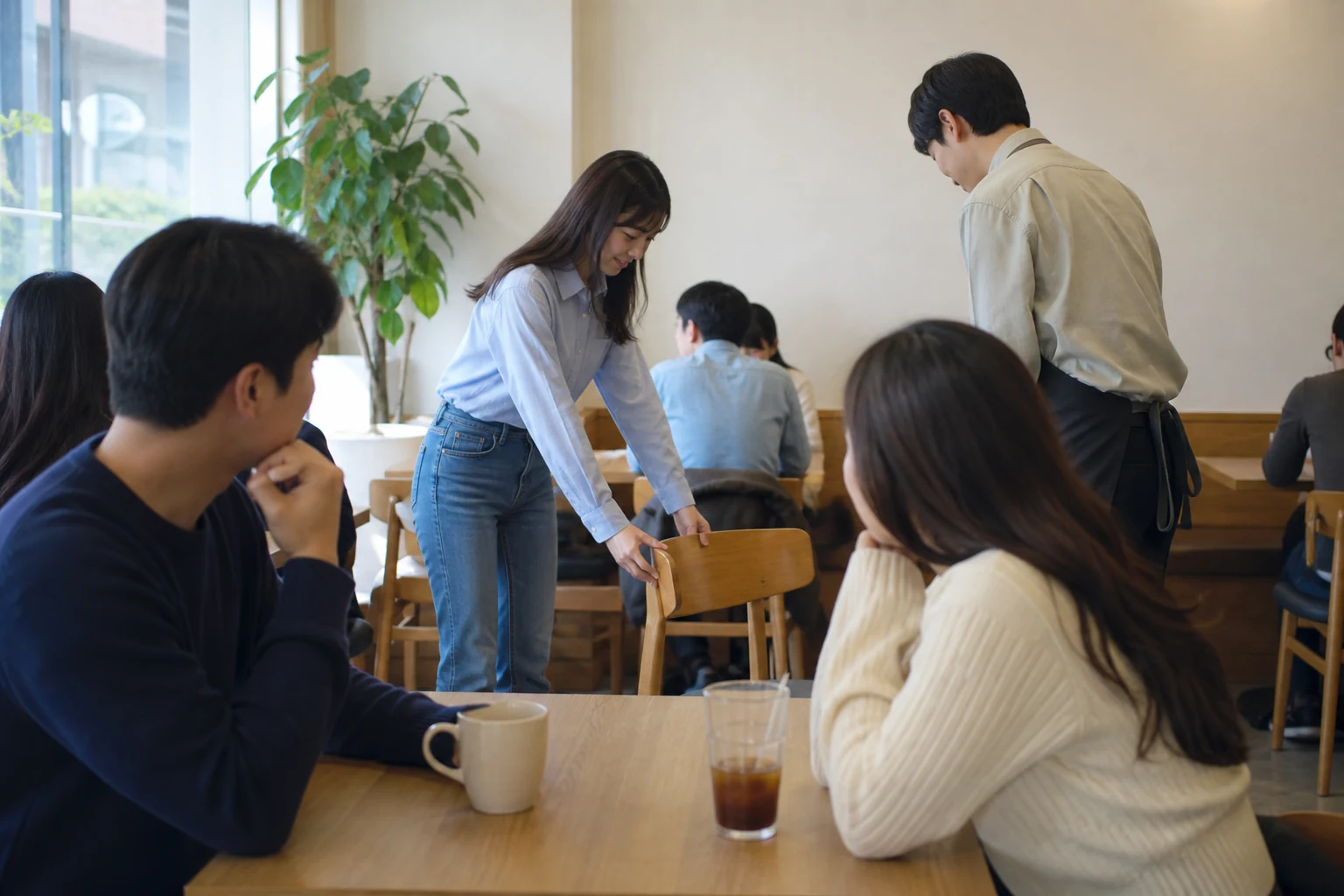 첫 데이트 상대가 자리를 정돈하고 직원에게 예의를 보이는 평범한 행동을 지켜보는 사람