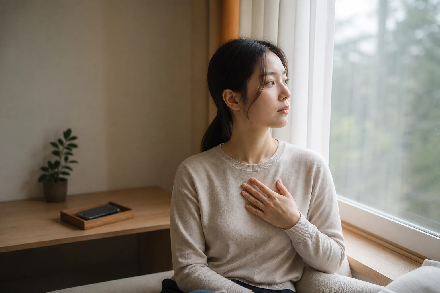 연락을 기다리는 동안 휴대전화를 멀리 두고 자신이 원하는 안심의 의미를 돌아보는 사람