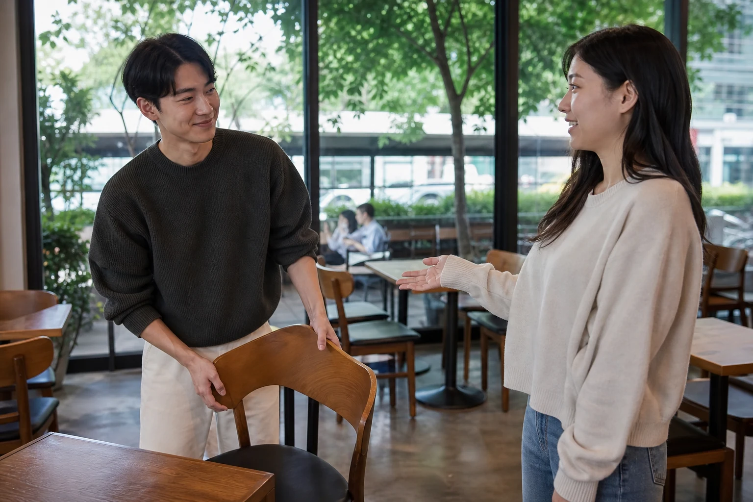 카페 의자를 정리하는 행동을 보고 대가를 바라지 않는 칭찬을 건네는 사람