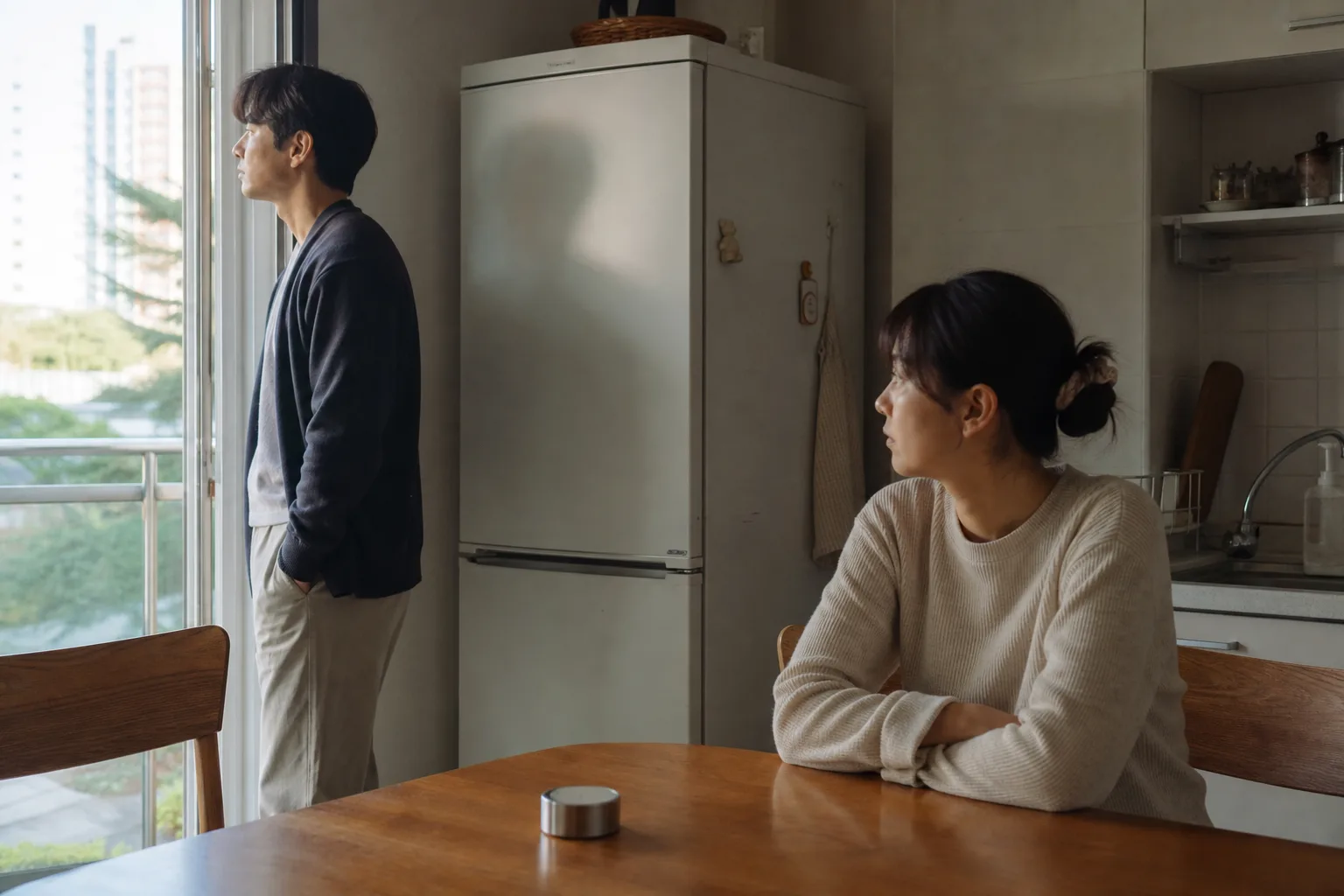 다툼 뒤 같은 방에서 잠시 떨어져 숨을 고르며 다시 대화할 시간을 정하는 연인의 모습