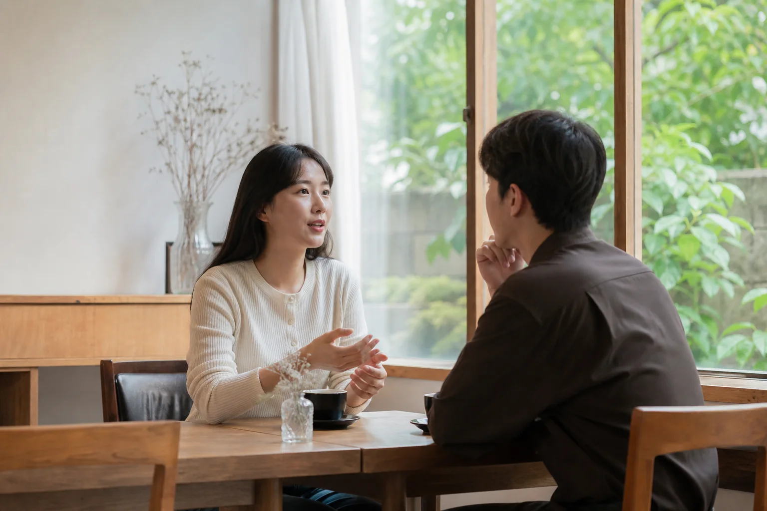 어두운 거실에서 한쪽만 말하지 않도록 서로 마주 보고 대화를 이어가는 연인의 모습