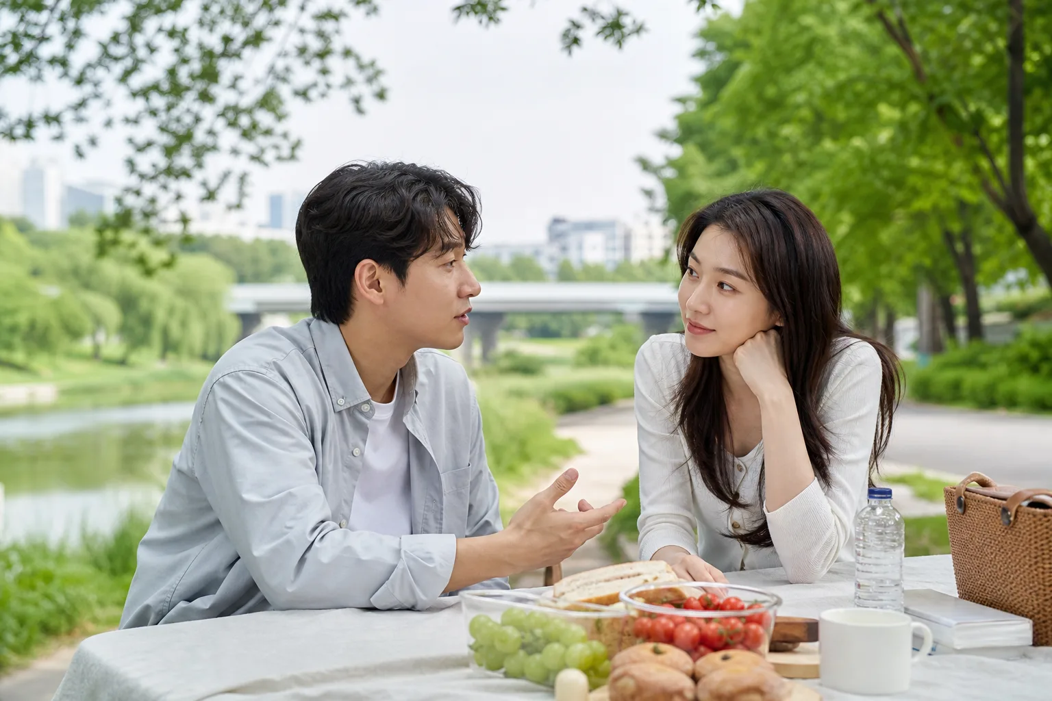 강변 탁자에서 상대 말을 되짚어 확인하며 집중해 듣는 연인의 모습
