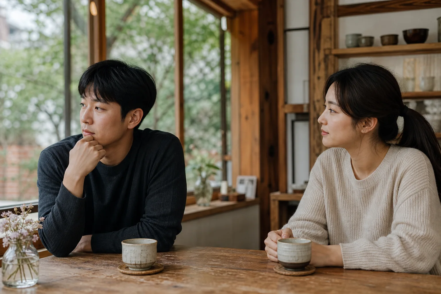 찻집에서 침묵을 서둘러 채우지 않고 편안히 기다리는 연인의 모습
