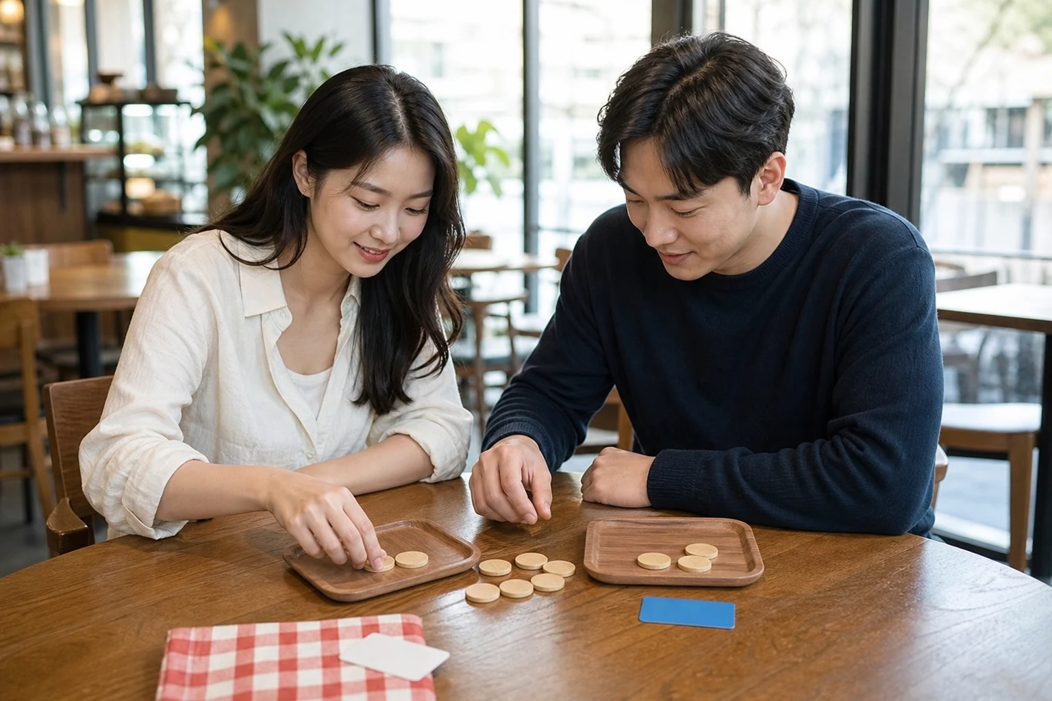 会計の場面で、落ち着いて支払い方を話す二人