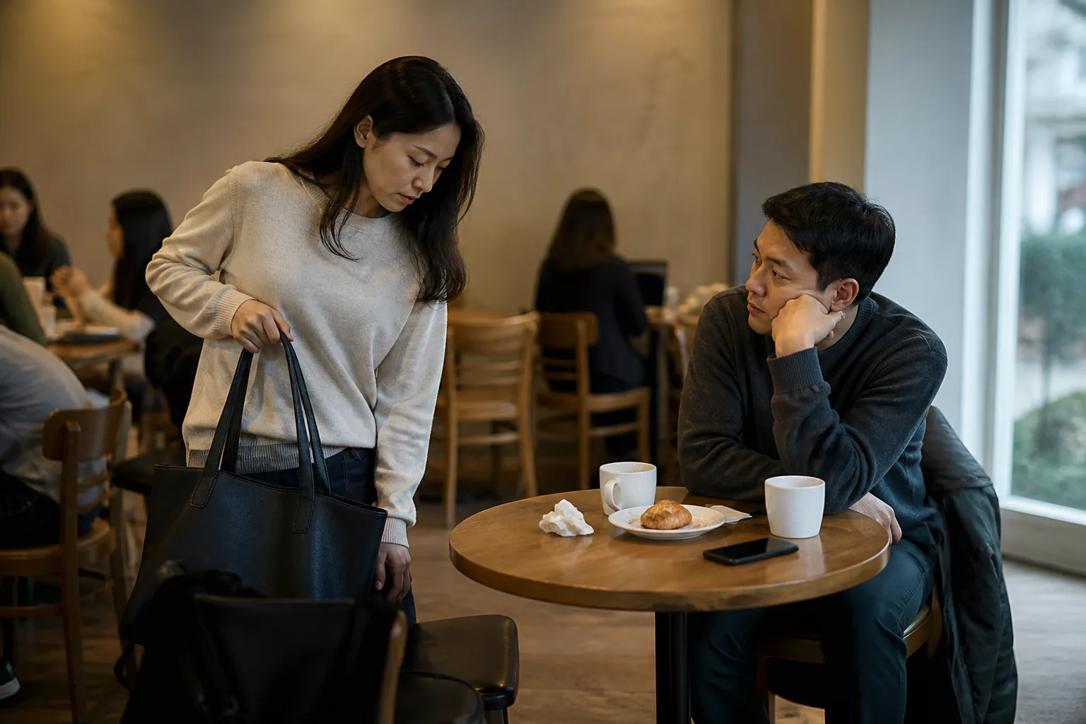 불편한 자리를 억지로 버티고 있을 때 상황을 일상 공간에서 차분히 마주하는 한국 성인들의 자연스러운 모습