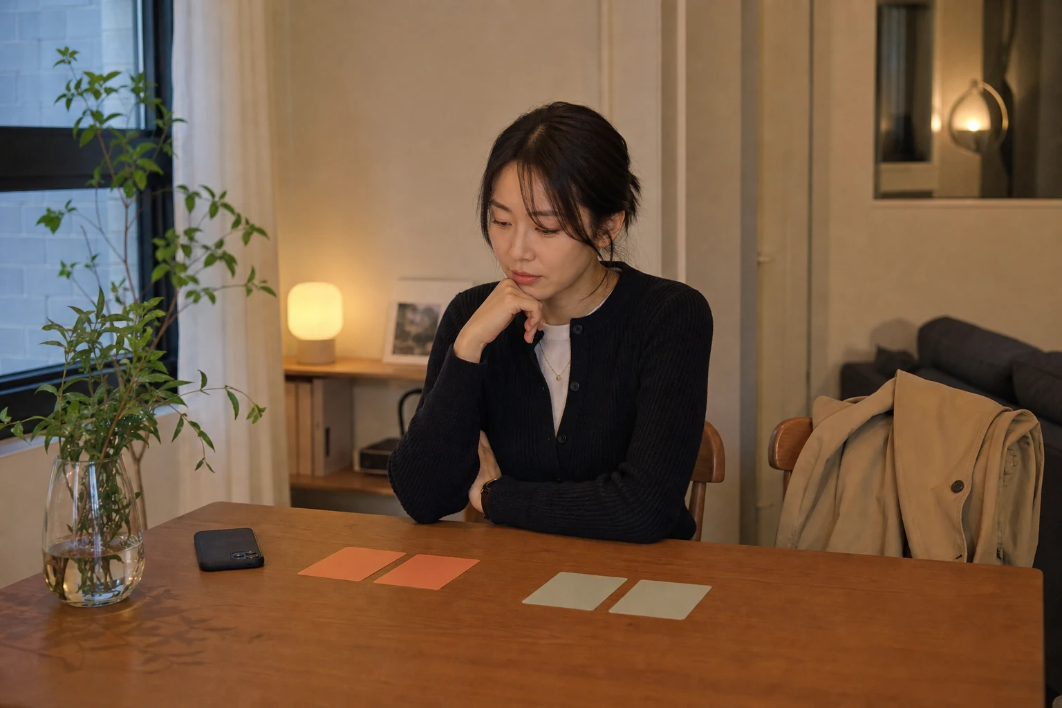 첫 만남 뒤 편했던 순간과 불편했던 순간을 빈 카드 두 묶음으로 나누어 돌아보는 사람