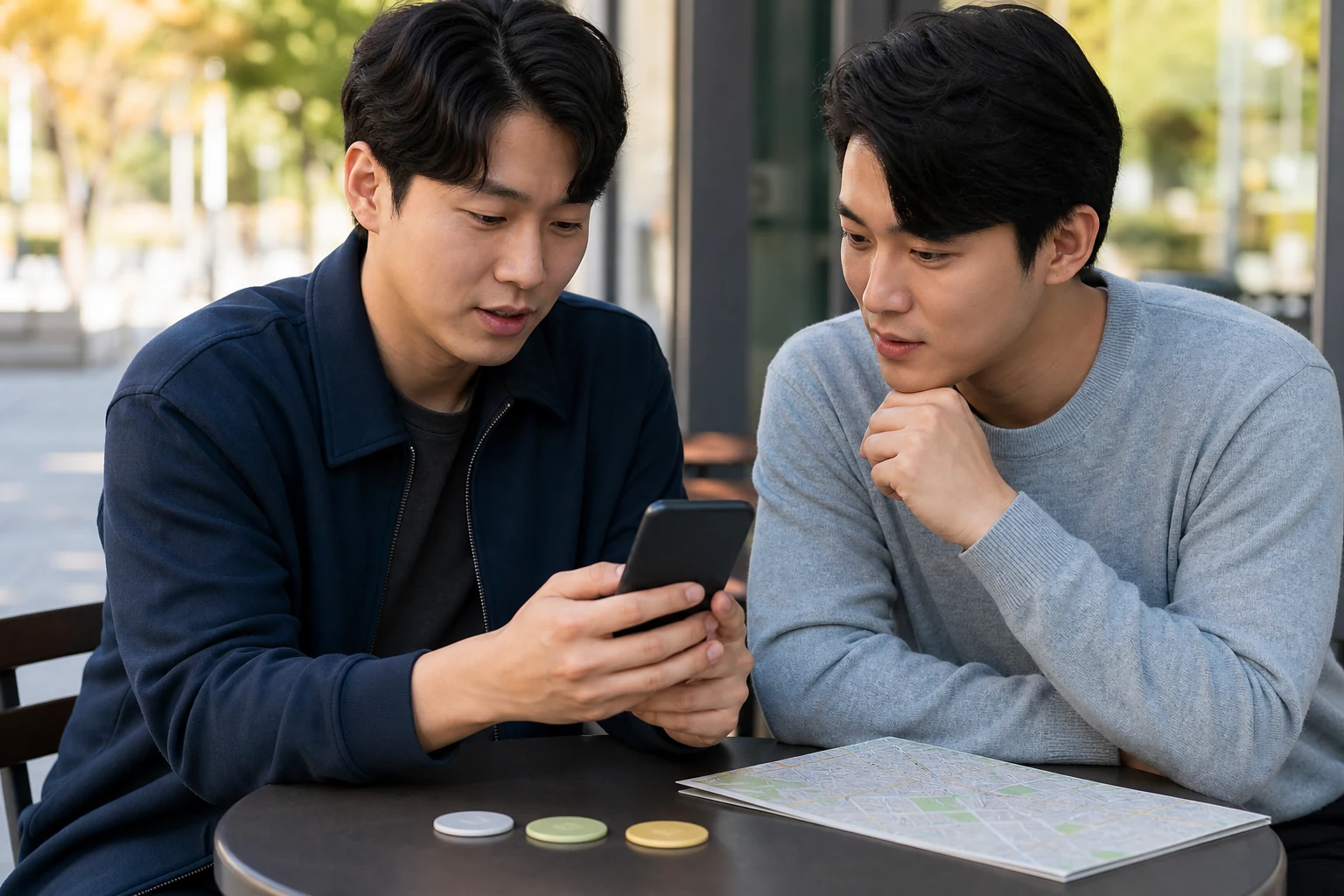 매칭 전 친구와 프로필과 공개 만남 장소를 확인하는 사람