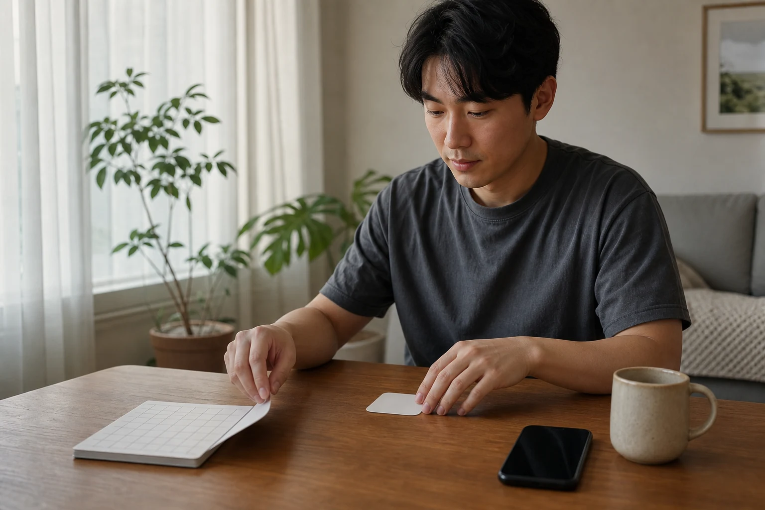 조건표를 덮고 휴대전화를 뒤집은 뒤 한 사람을 알아갈 빈 카드를 남기는 사람