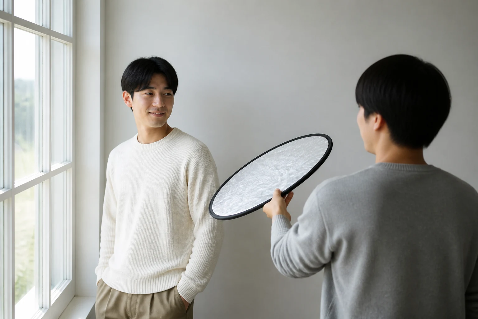 창가 자연광에서 친구가 반사판을 들어 프로필 사진을 찍는 장면