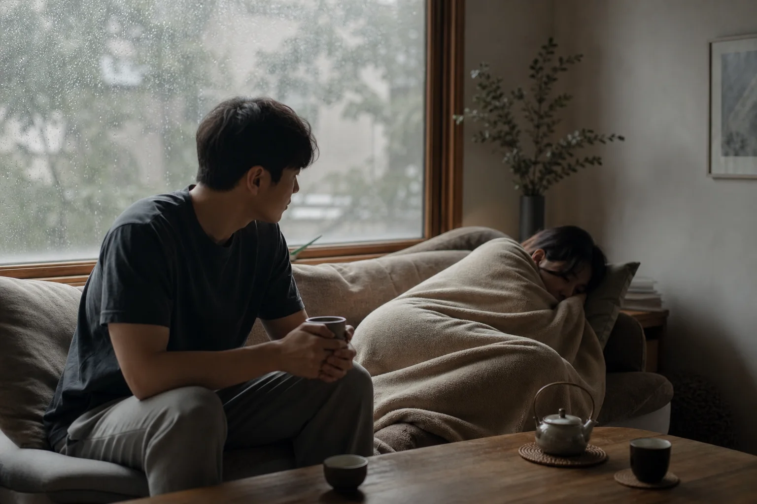 비 오는 날 소파에서 기분이 가라앉은 상대 곁을 말없이 지켜 주는 연인의 모습