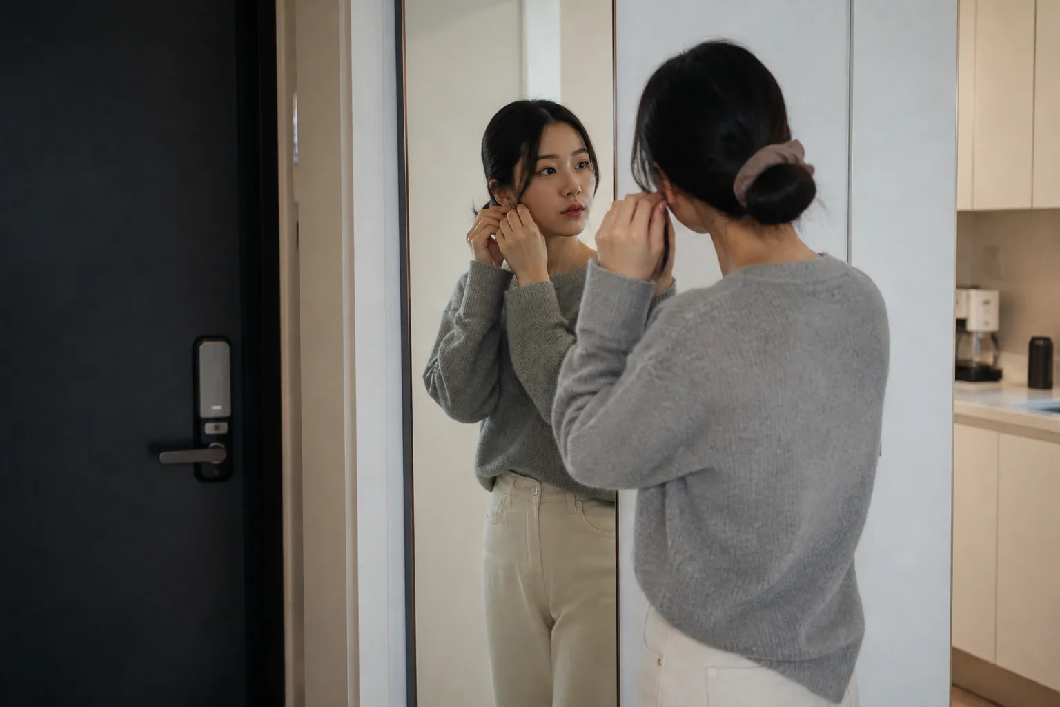 꾸민 티는 내고 싶지만 평소와 너무 달라 보이기 싫을 때 상황을 일상 공간에서 차분히 마주하는 한국 성인들의 자연스러운 모습