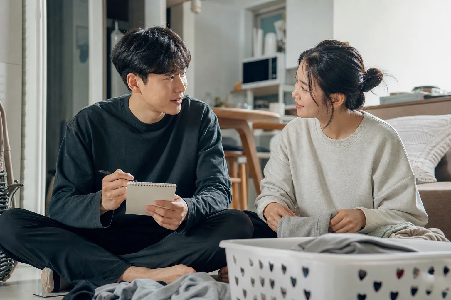 식탁에서 집안일 메모를 함께 작성하며 보이지 않던 노력을 확인하는 연인의 모습