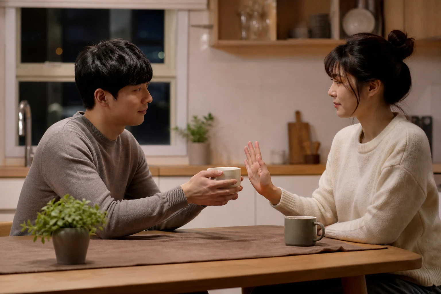 마음을 깊이 나눈 뒤 차 한 잔과 조용한 시간을 원하는지 서로 확인하는 두 사람