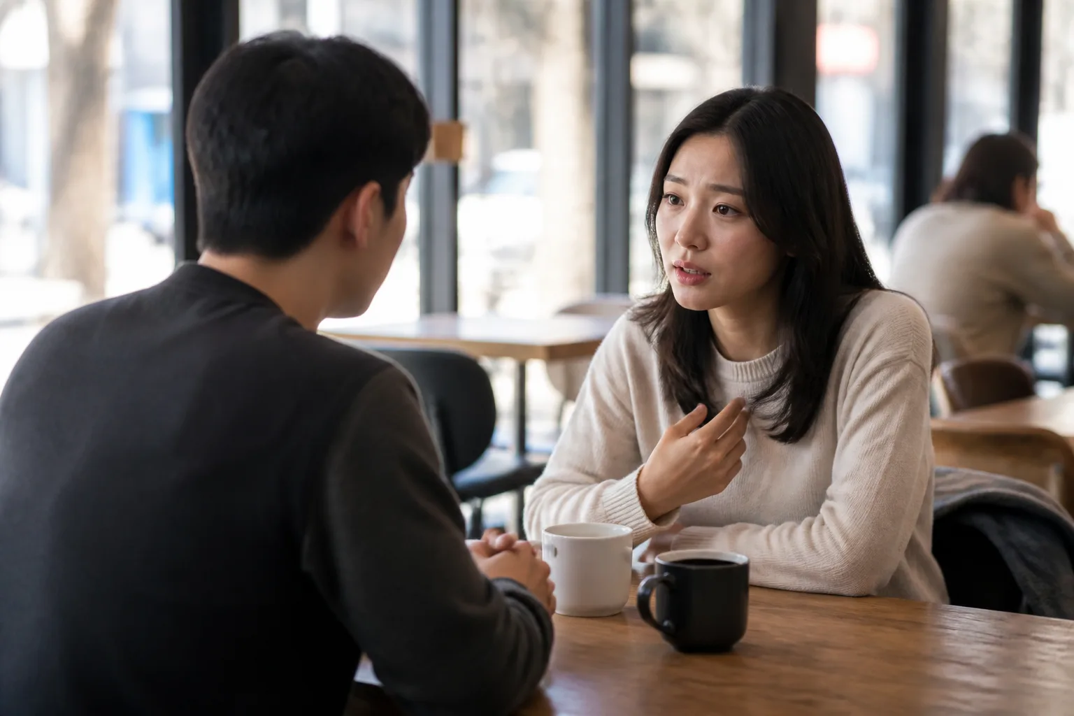 속마음을 다 말하면 상대가 부담스러워할까 봐 걱정될 때 상황을 일상 공간에서 차분히 마주하는 한국 성인들의 자연스러운 모습