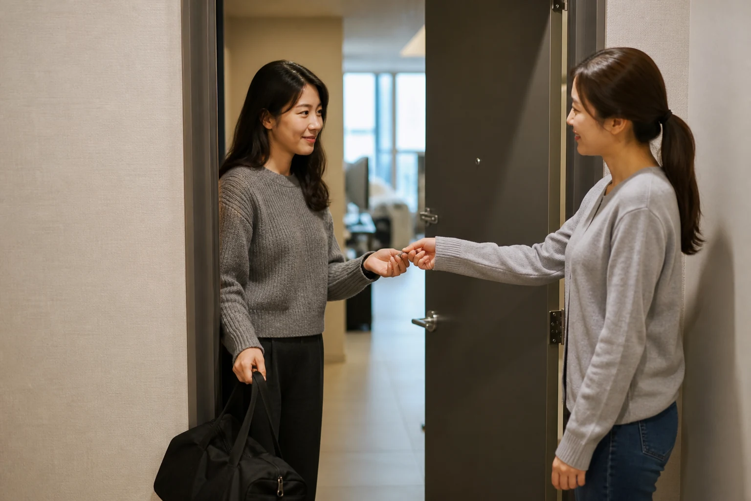 친구에게 열쇠를 건네고 가방을 든 채 안전한 곳으로 나서는 사람
