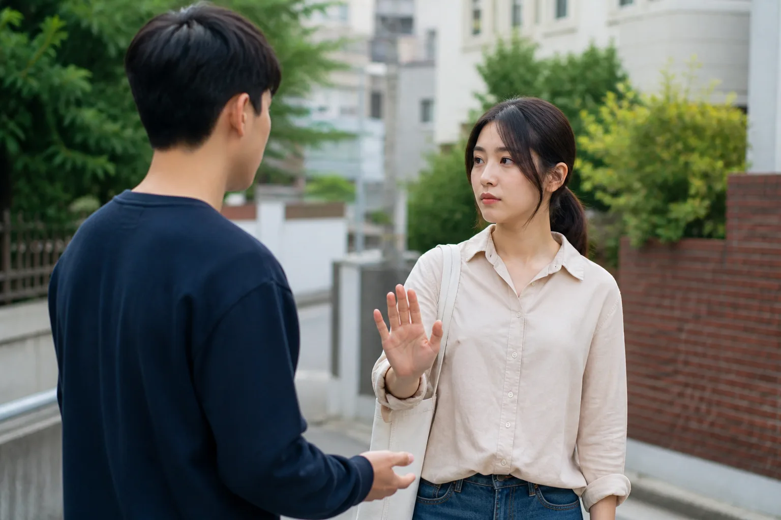 너무 빨리 가까워지려는 사람 앞에서 잠깐 멈추고 싶을 때 상황을 일상 공간에서 차분히 마주하는 한국 성인들의 자연스러운 모습