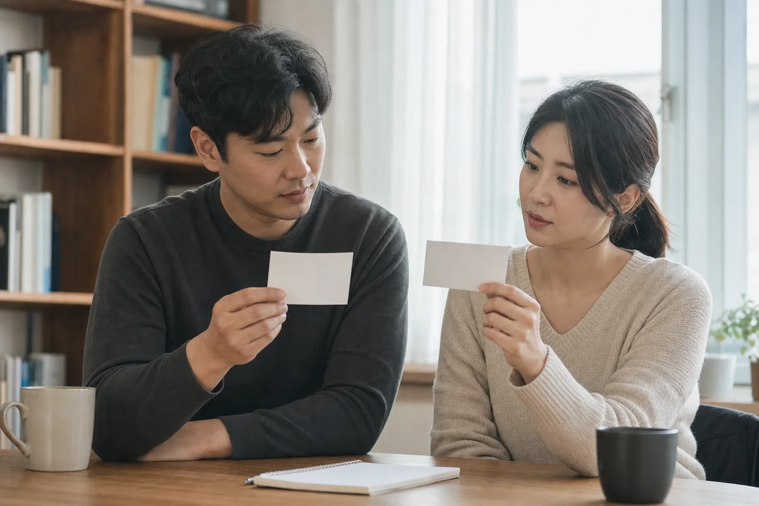 빈 카드 두 장을 놓고 감정과 확인된 사실을 나누어 보는 연인의 모습
