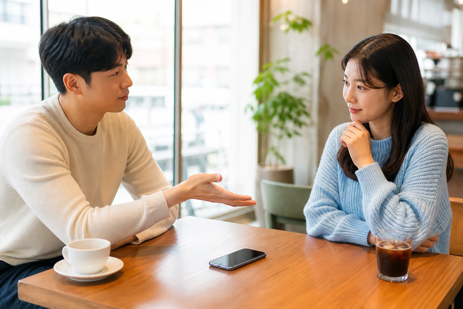 첫 통화를 제안하면서 짧은 시간과 거절할 선택을 함께 열어두는 두 사람
