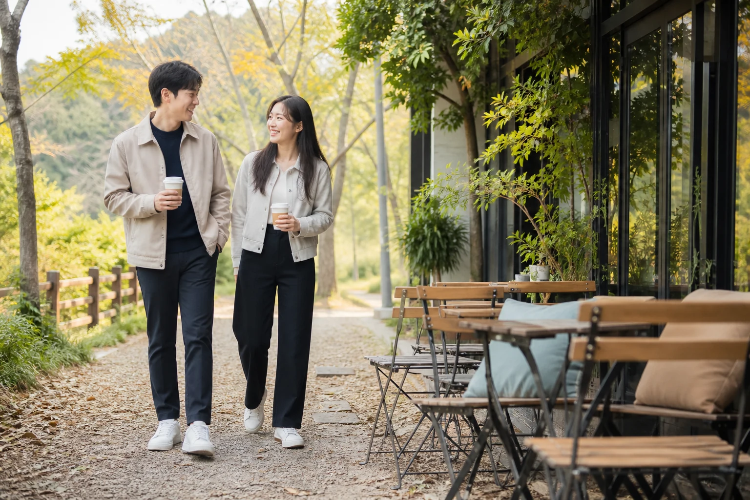 걷고 앉아도 편한 옷과 신발로 첫 데이트에서 서로의 감각과 대화에 집중하는 두 사람