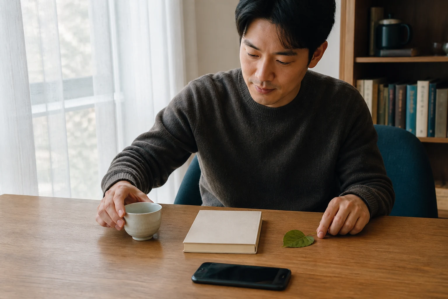 첫 메시지를 거창하게 만들지 않고 책과 나뭇잎 중 하나를 대화 소재로 고르는 사람