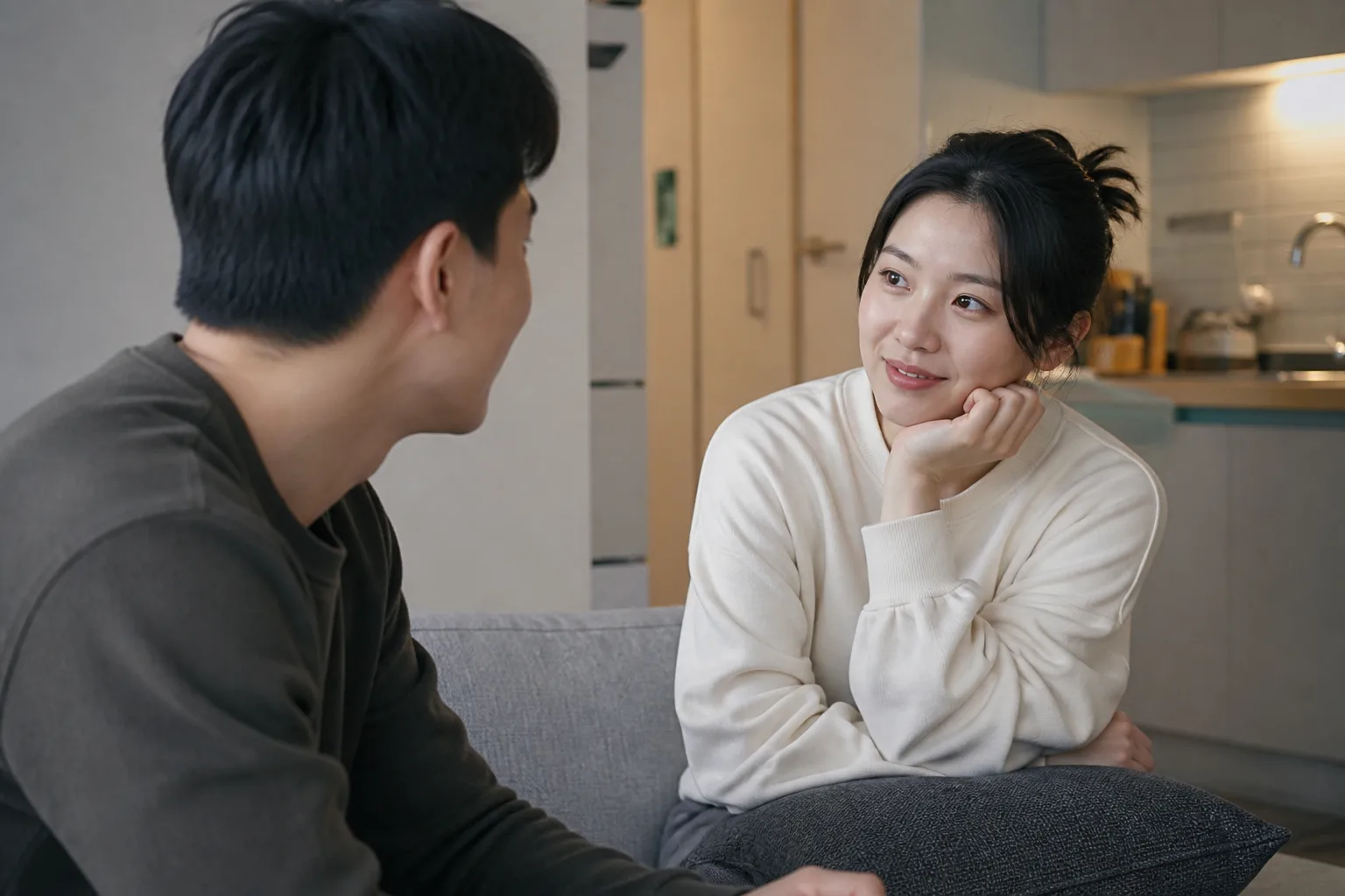 호감을 티 내고 싶은데 어색해질까 걱정될 때 상황을 일상 공간에서 차분히 마주하는 한국 성인들의 자연스러운 모습