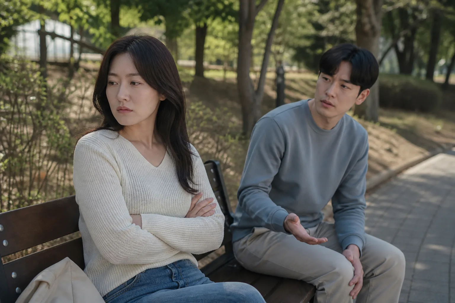 화가 나서 말을 멈추고 싶은데 벌주는 것처럼 보일까 봐 걱정될 때 상황을 일상 공간에서 차분히 마주하는 한국 성인들의 자연스러운 모습