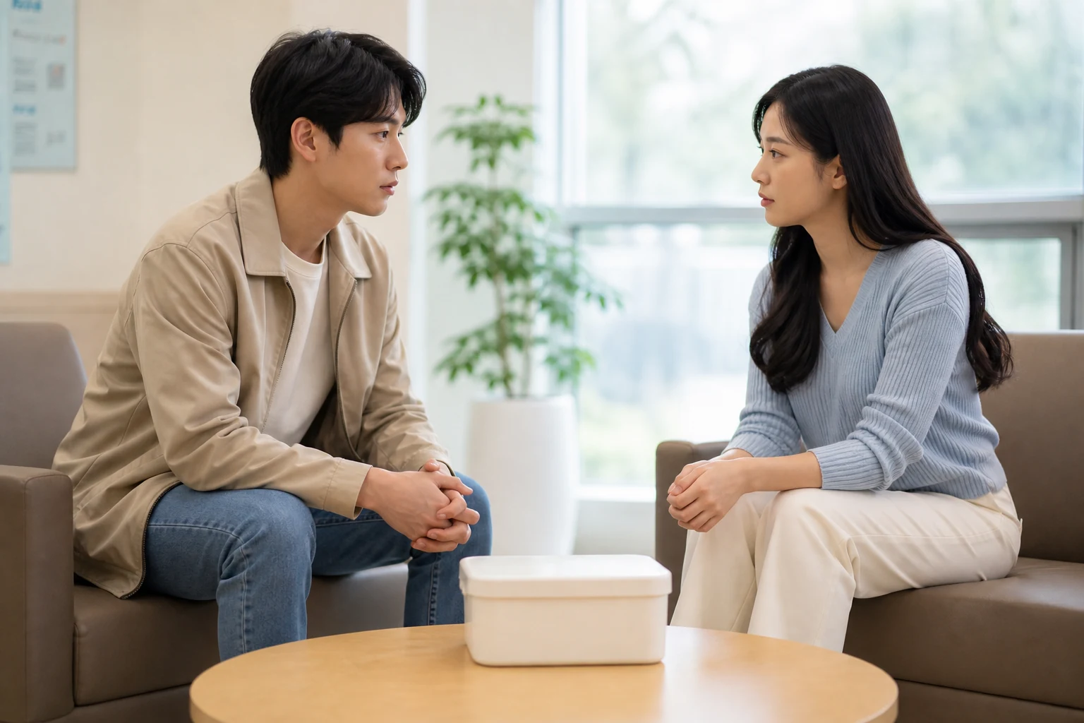 가까워지기 전 건강과 보호 방법을 공개된 상담 공간에서 이야기하는 연인