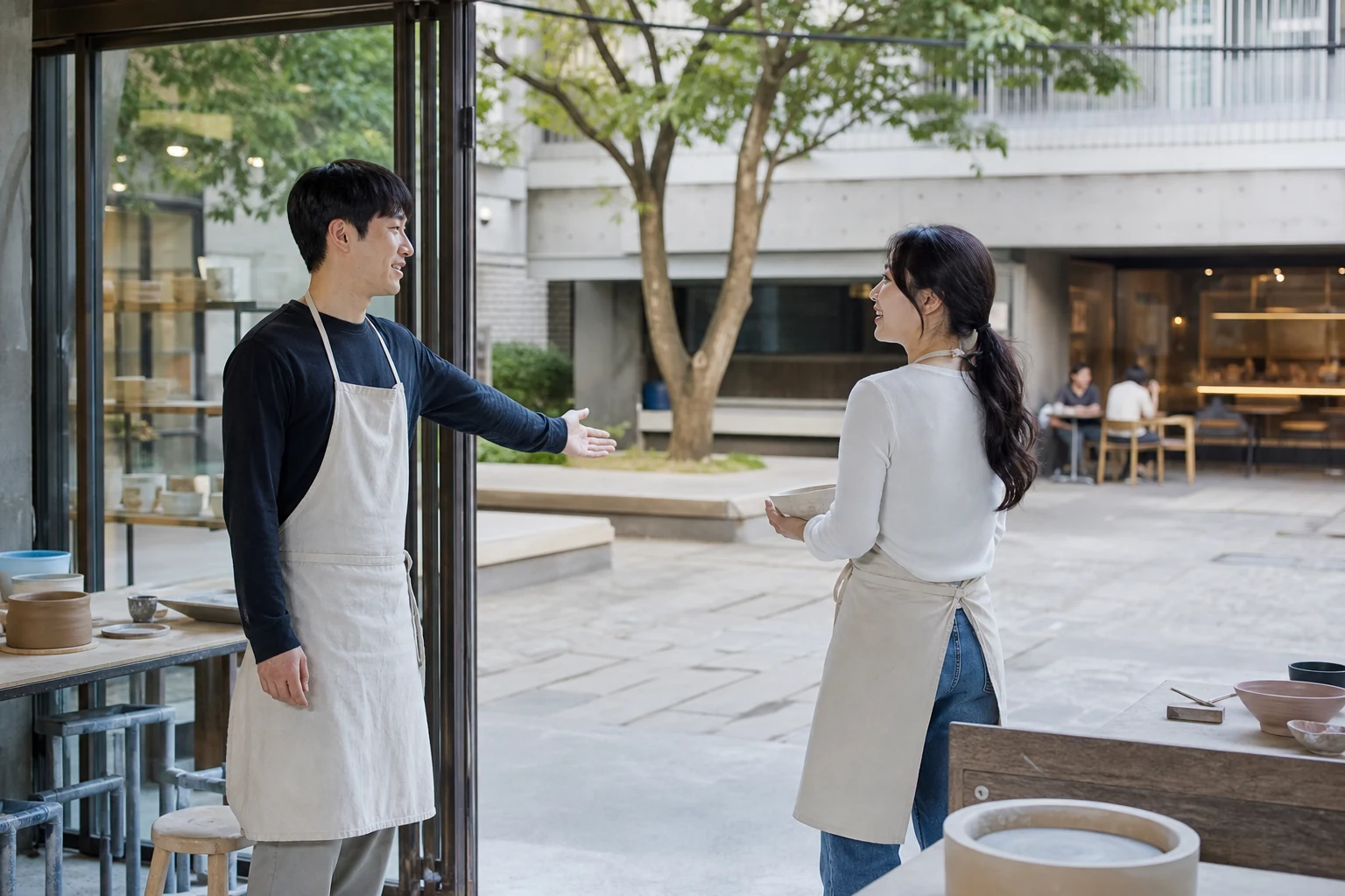 도예 모임이 끝난 뒤 돌아갈 길을 막지 않고 모임 밖 커피를 가볍게 제안하는 사람
