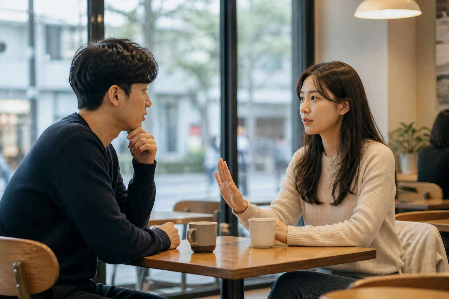 상처가 된 농담 뒤 열린 손으로 선을 말하고 상대가 듣는 장면