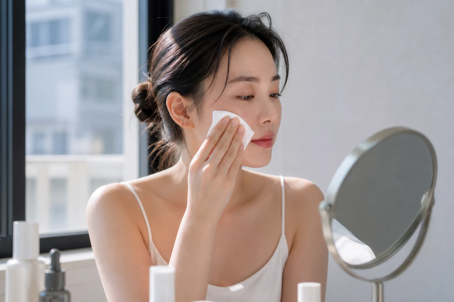 창가에서 진한 화장을 닦고 자연광에 맞는 가벼운 표현을 고르는 사람