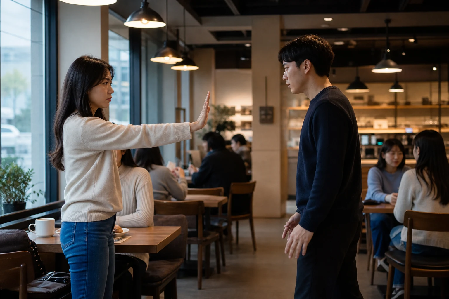 거절을 들은 뒤 손을 내리고 통로를 비우며 물러나는 남자