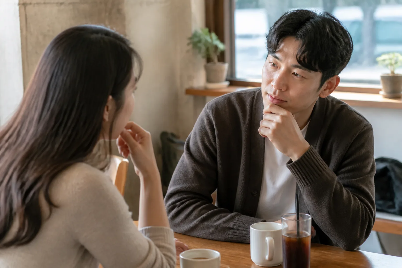 좋은 말을 해주고 싶은데 부담스러울까 조심스러울 때 상황을 일상 공간에서 차분히 마주하는 한국 성인들의 자연스러운 모습