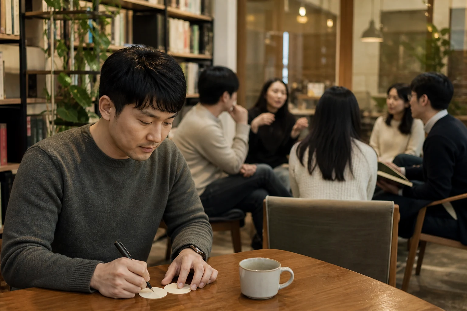독서 모임에서 다가가기 전 자신의 의도를 빈 조각 두 개로 먼저 정리하는 남자