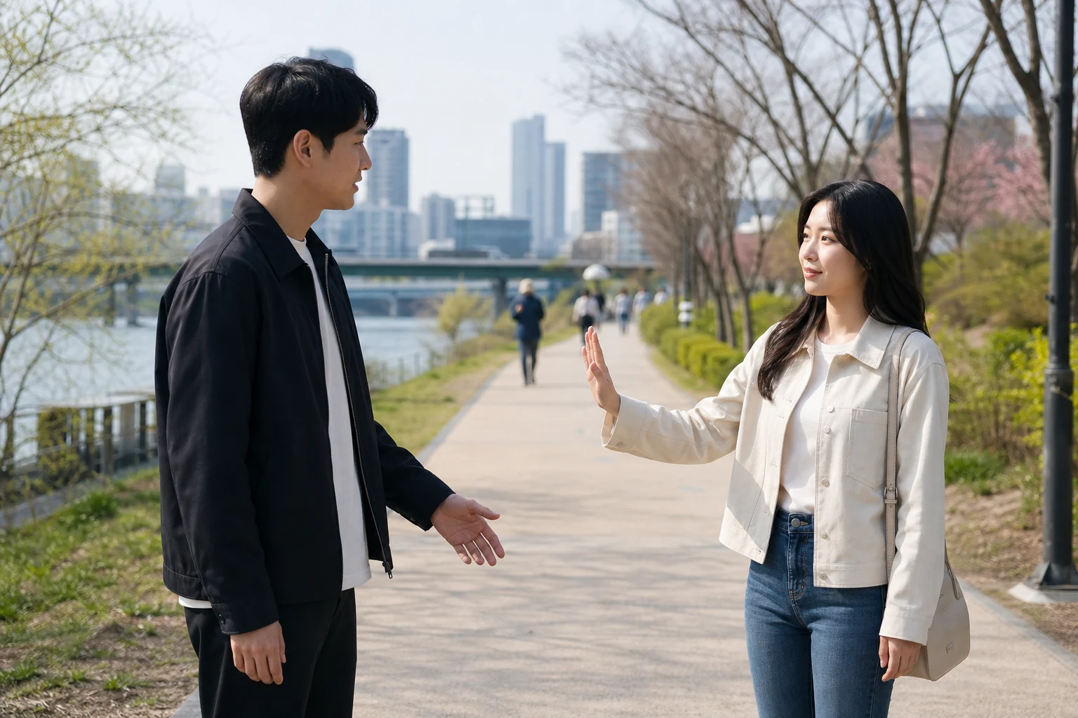 산책 중 손을 내밀기 전에 상대의 멈춤 신호를 보고 즉시 거리를 되돌리는 남성